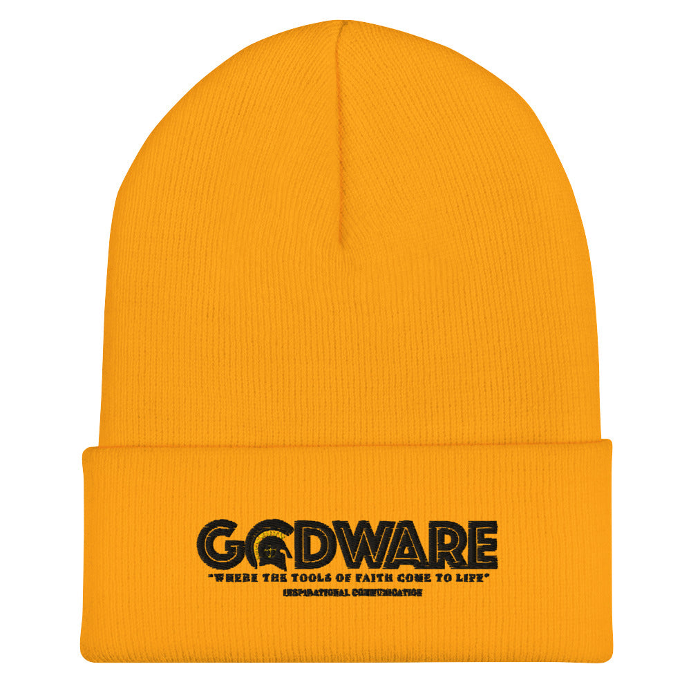 GodWare Logo Beanie – Black Print | Christian Embroidered Cuffed Winter Hat