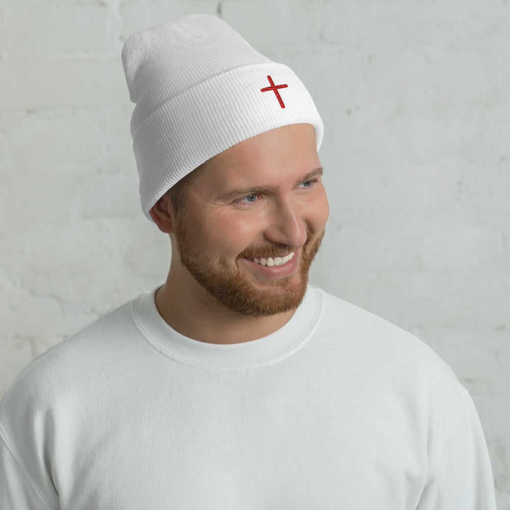 Red Cross Beanie | Christian Embroidered Winter Hat | GodWare