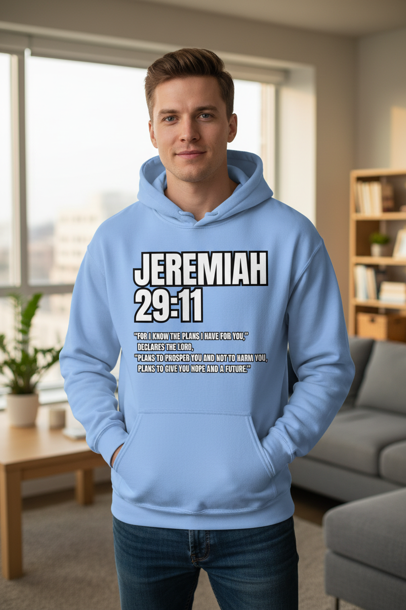Jeremiah 29:11 Carolina Blue Hoodie – White Male Lifestyle Mockup