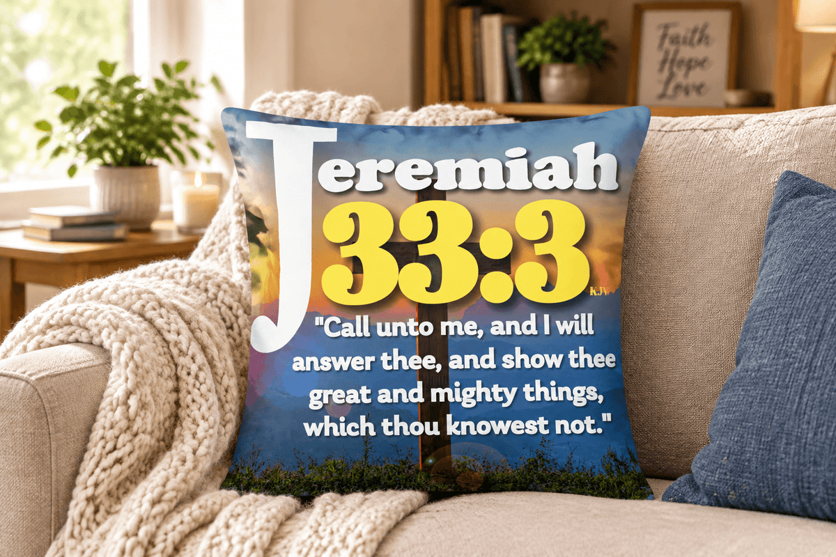 Jeremiah 33:3 throw pillow in a cozy living room
