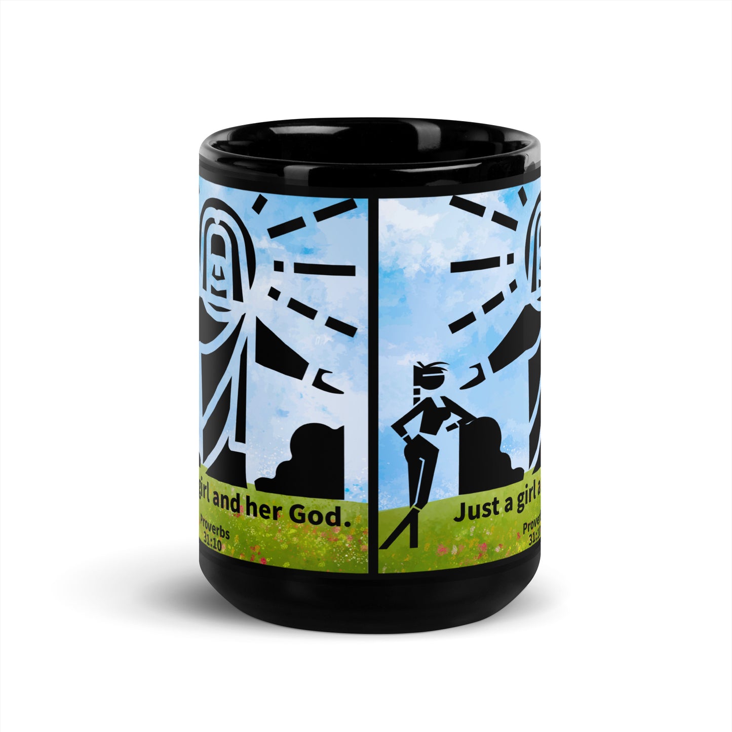 black and sky blue glossy ceramic mug sitting on a desk with image of Jesus and woman