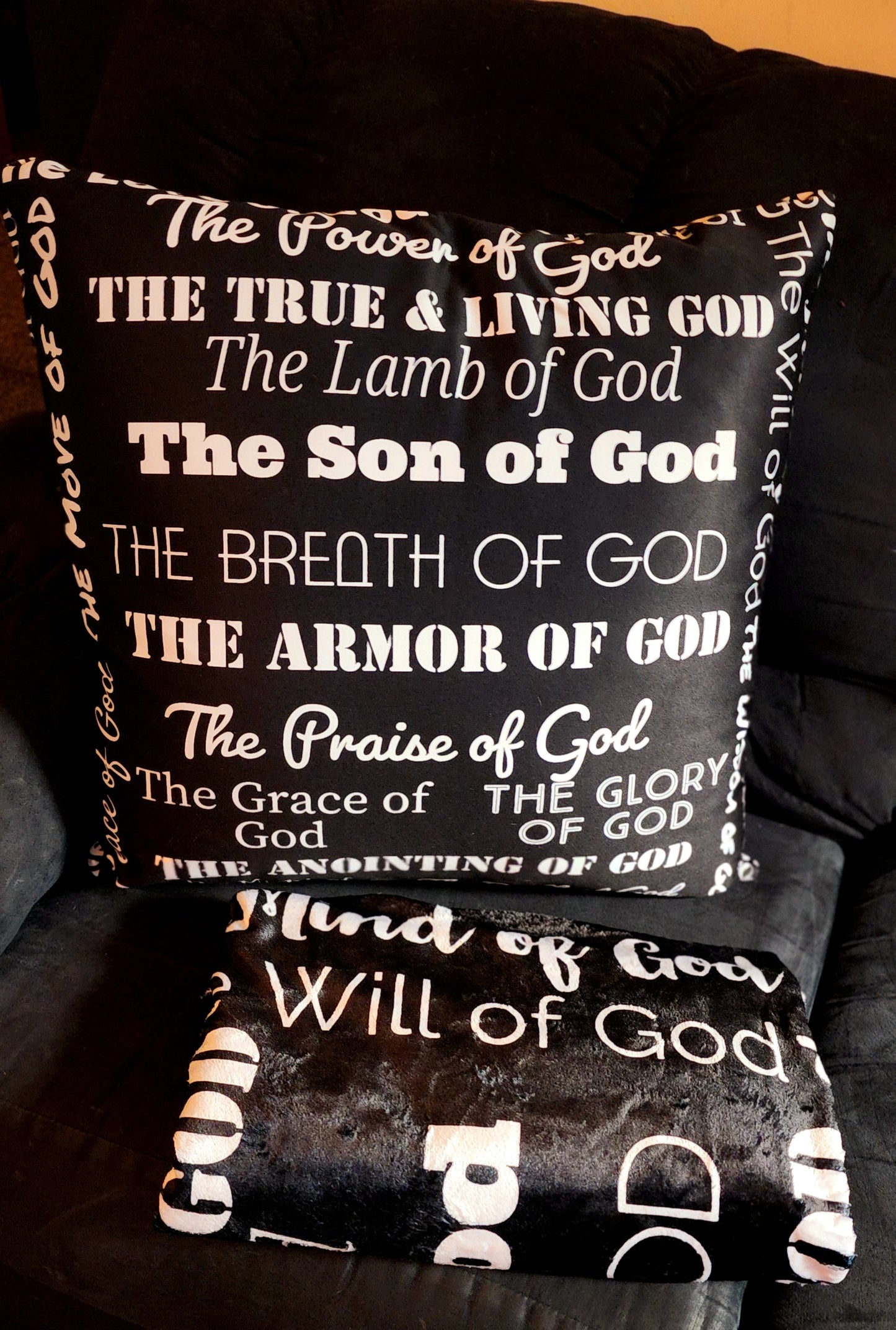 Attributes of God Fluffy Throw Pillow - Black/White