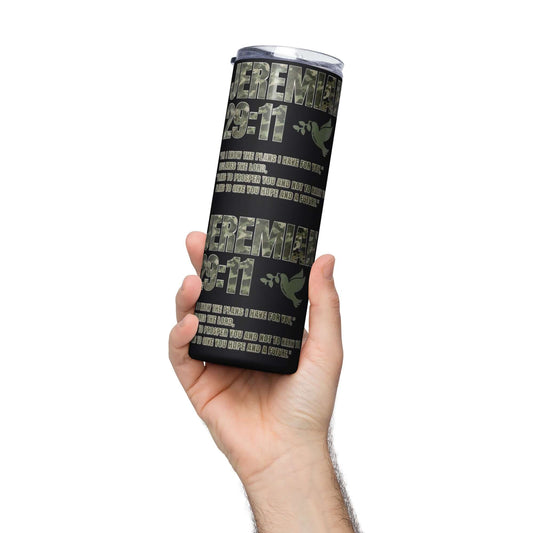 Product mockupJeremiah 29:11 black and camo stainless steel insulated tumbler being held up with a hand