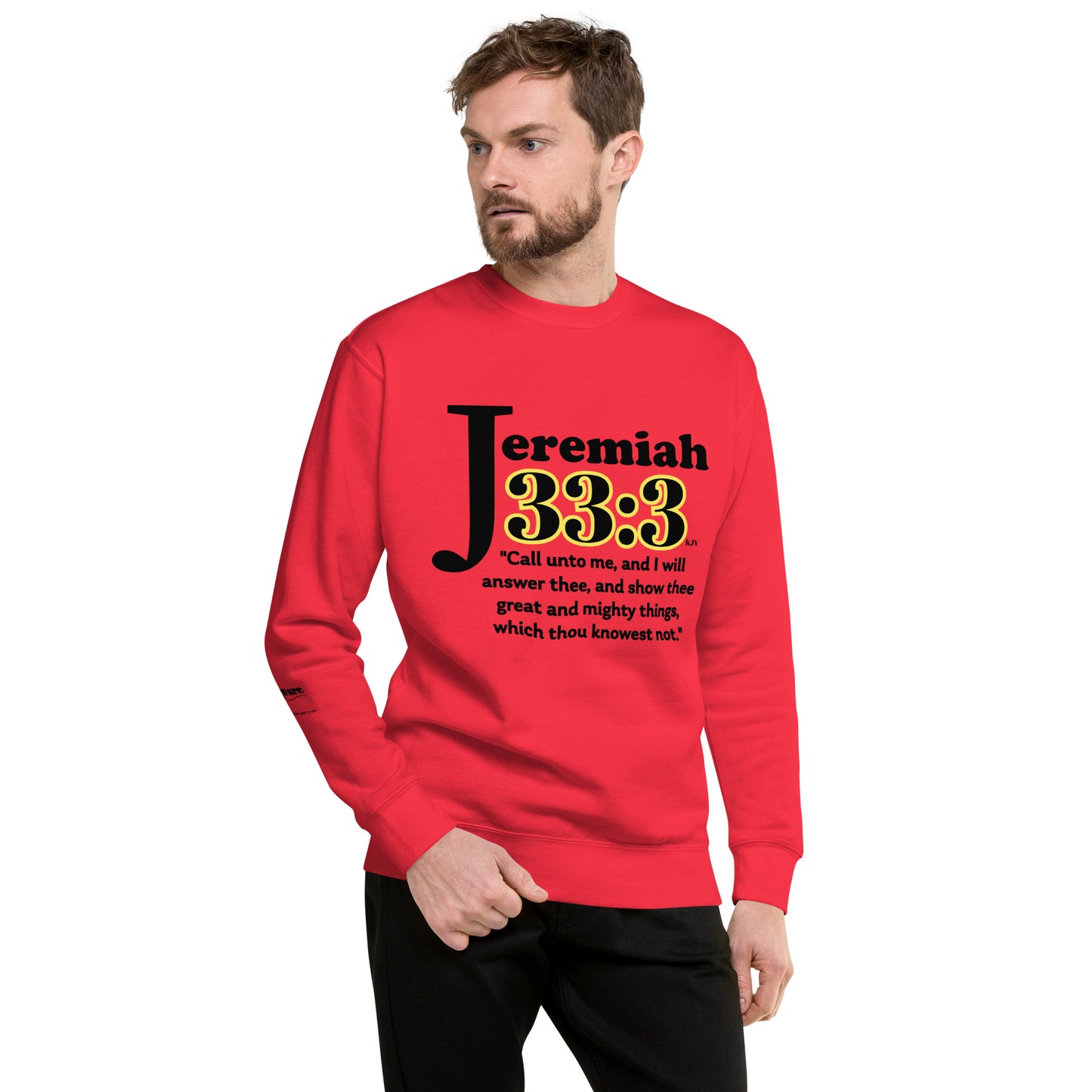 man with red sweatshirt; scripture on shirt