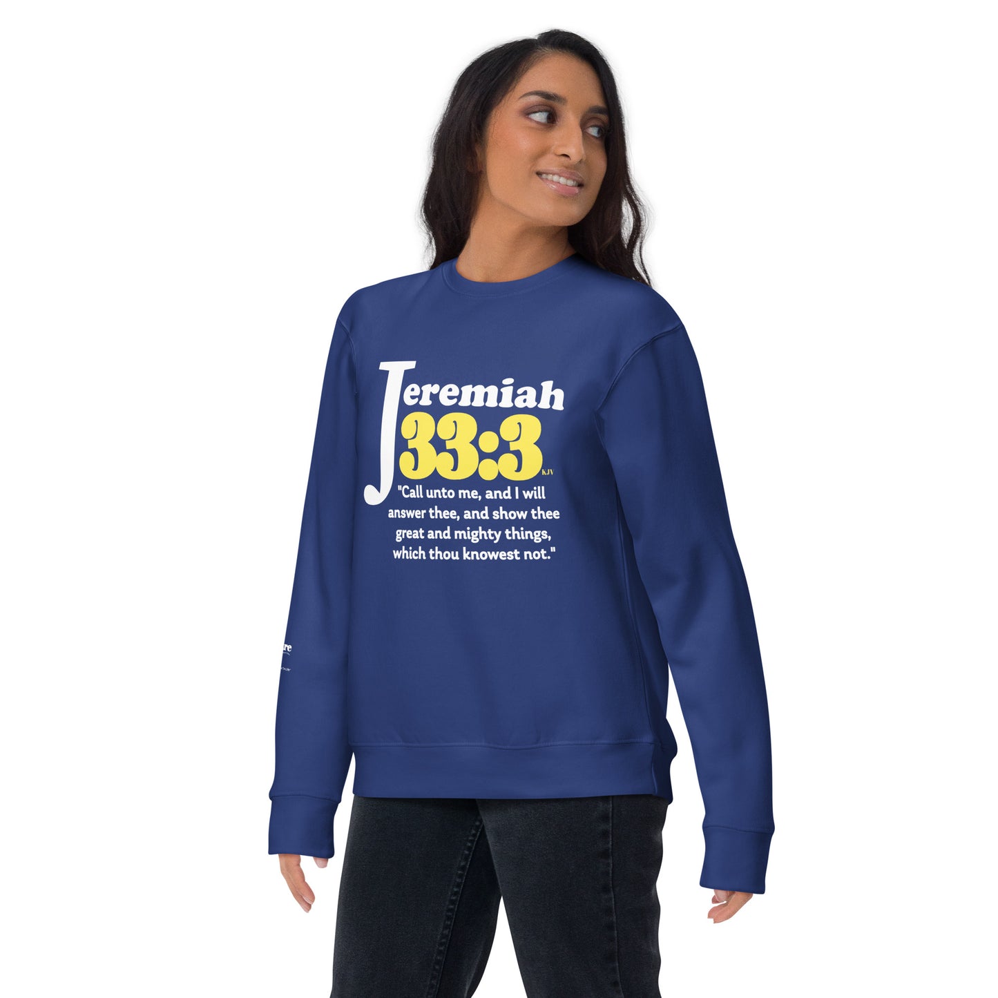 woman standing with blue sweatshirt; Jeremiah scripture on shirt