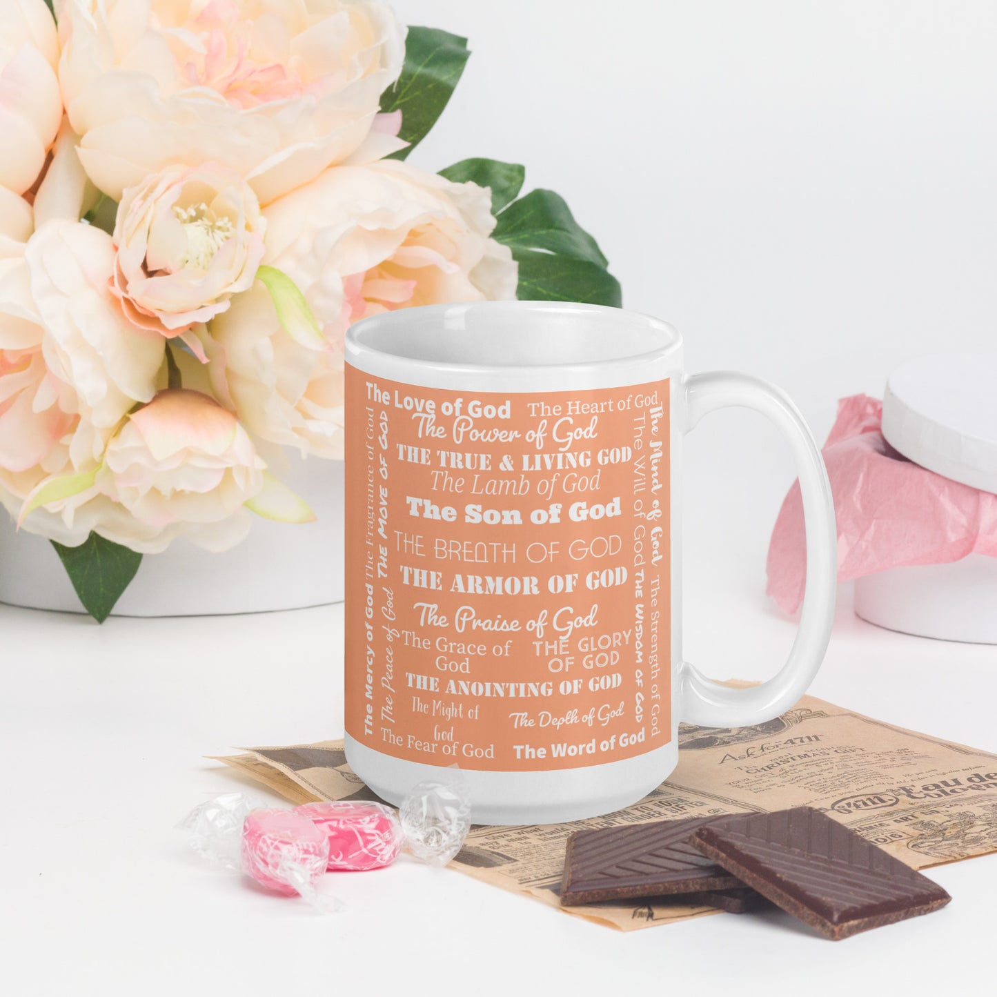 Attributes of God Ceramic Mug - Peach/White