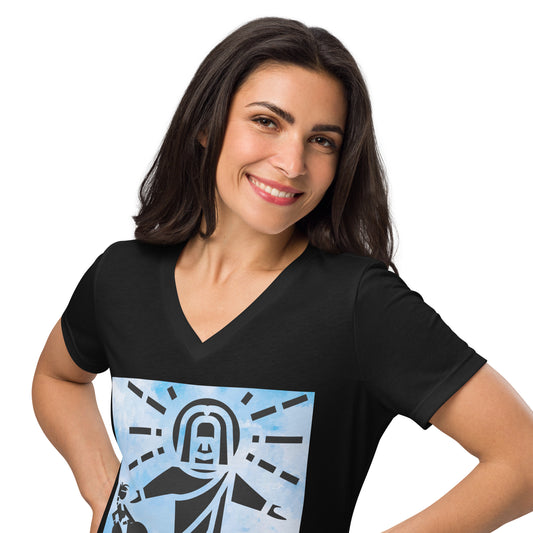 Woman standing and smiling with black v-neck t-shirt on with blue image of  Proverbs 31, a woman, and Jesus