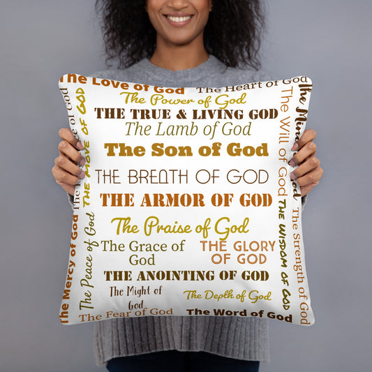Attributes of God Fluffy Throw Pillow - Earthtone/White