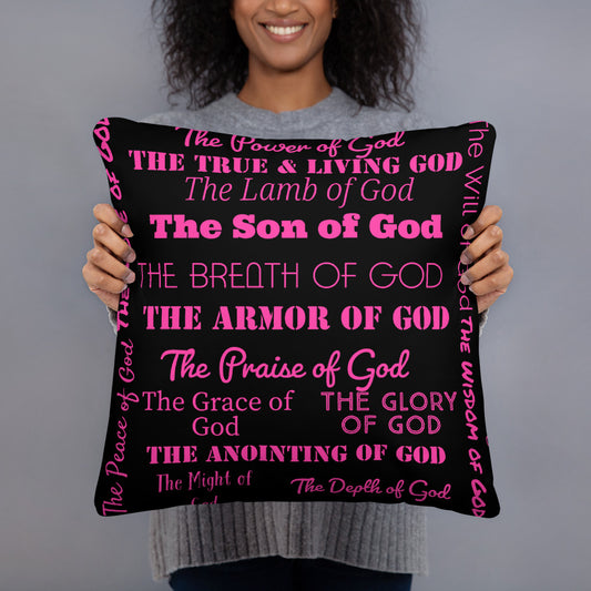 Attributes of God Fluffy Throw Pillow - Pink/Black