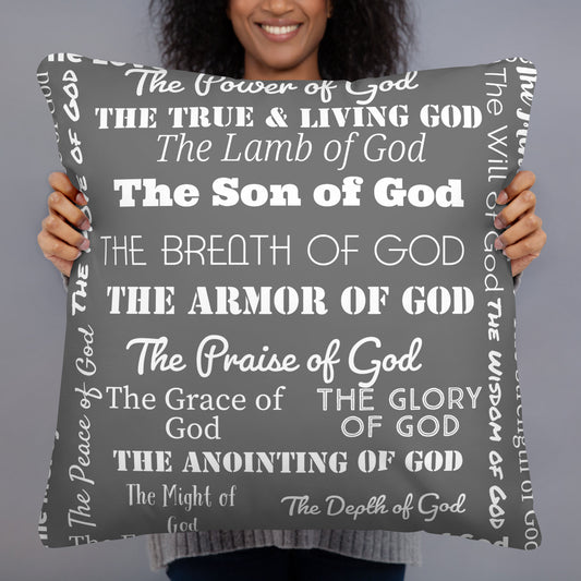 Attributes of God Fluffy Throw Pillow - Dark Grey/white