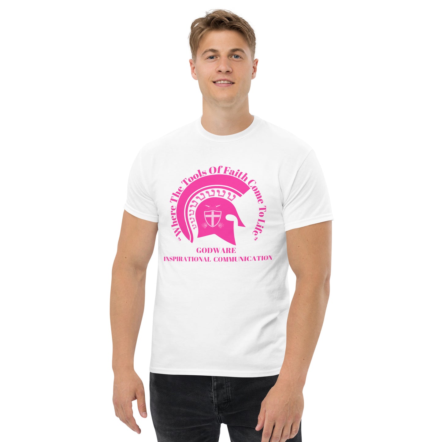 Godware Men's short-sleeve tee (berry pink logo)