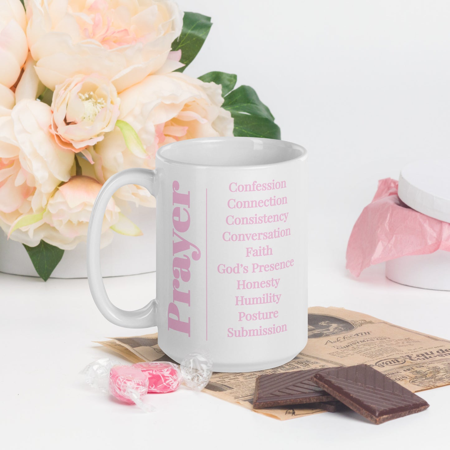 Prayer glossy ceramic mug - Pink/White