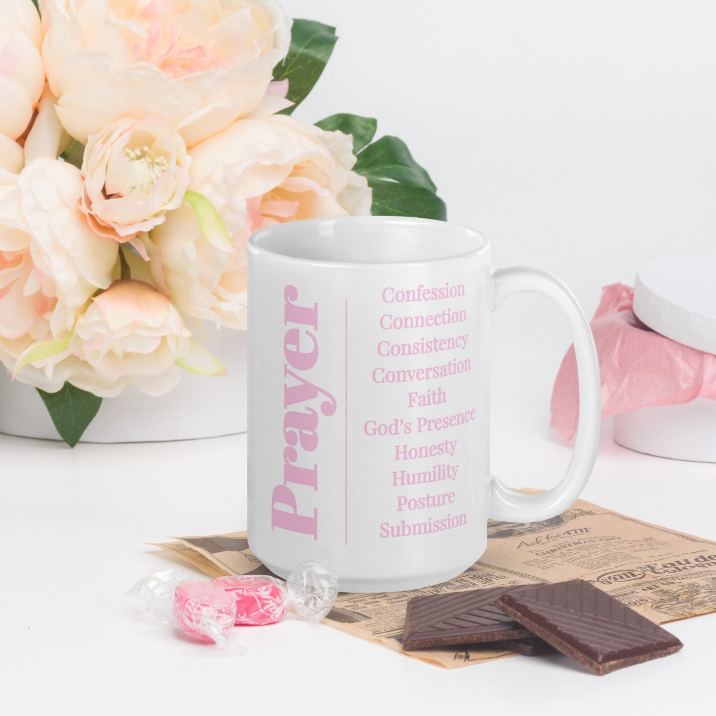 Prayer glossy ceramic mug - Pink/White
