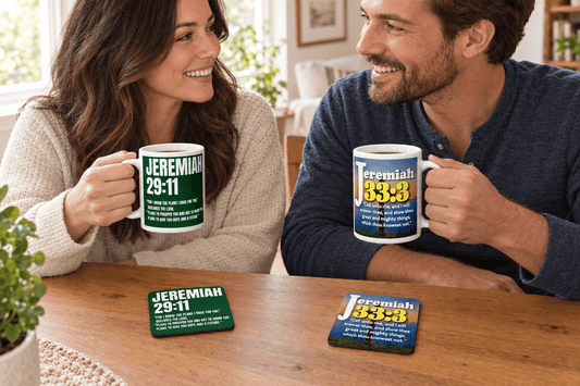 Couple enjoying Christian Mugs and coasters with Bible verses Jeremiah 29:11 and 33:3.