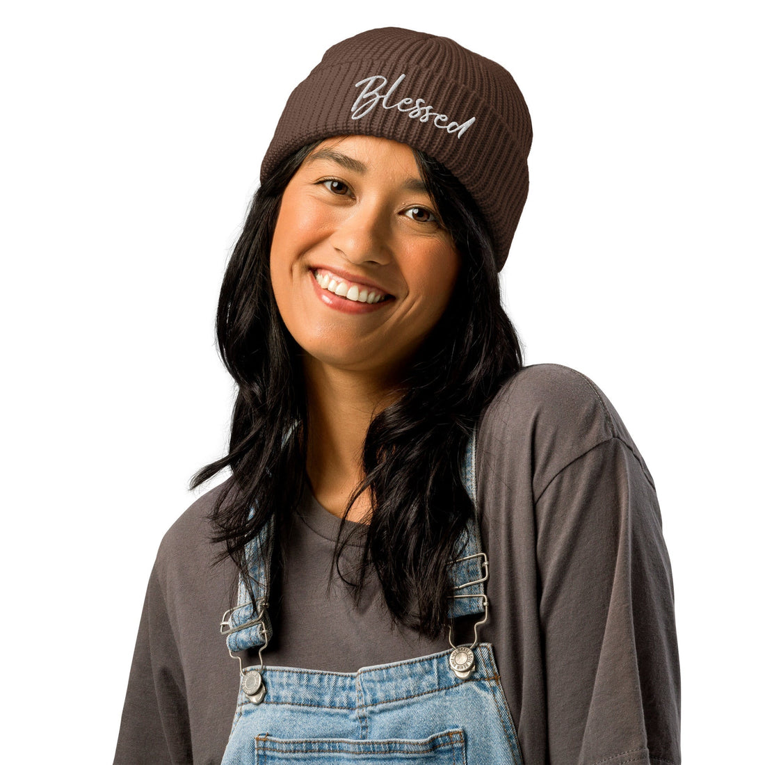 women with brown blessed beanie hat