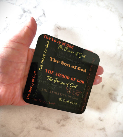 Attributes of God plastic & cork back coaster - Earth/Blk