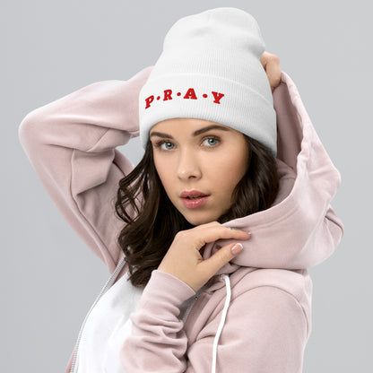 Pray Cuffed Beanie – Red Print | Unisex Embroidered Christian Hat | GodWare