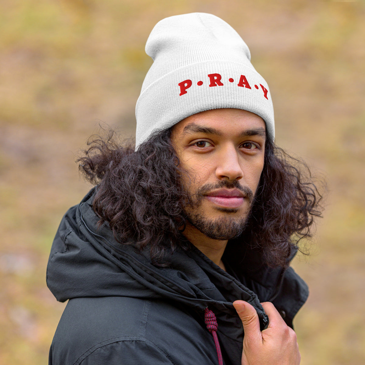 Pray Cuffed Beanie – Red Print | Unisex Embroidered Christian Hat | GodWare