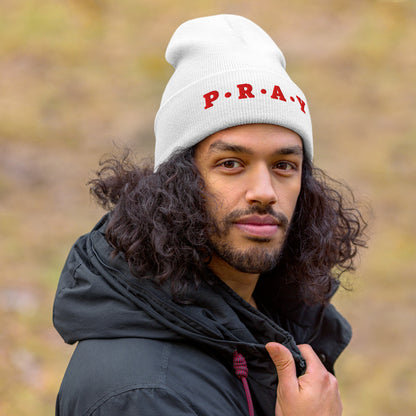 Pray Cuffed Beanie – Red Print | Unisex Embroidered Christian Hat | GodWare