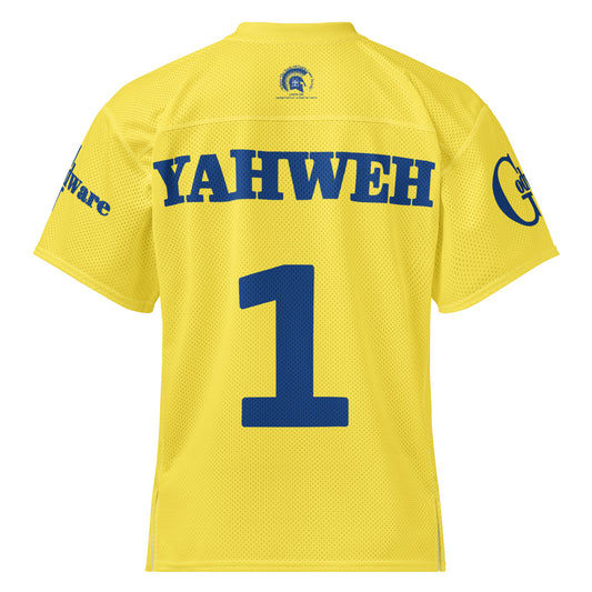Yahweh Christian football jersey in yellow with blue lettering and number 1 on the back from GodWare.