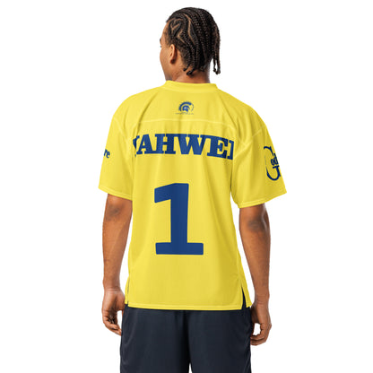 Back view of Yahweh Christian football jersey in yellow with blue lettering and number 1. Perfect for believers.