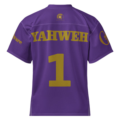 Back view of Yahweh Christian football jersey in purple and gold, featuring YAHWEH and number 1.
