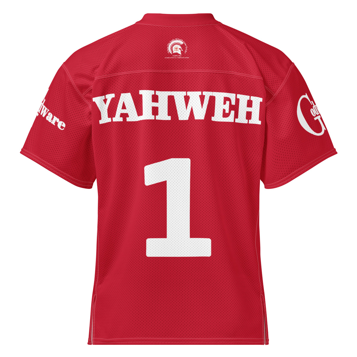 Back view of Yahweh Christian football jersey in red with white lettering and number 1, showcasing faith-inspired design.