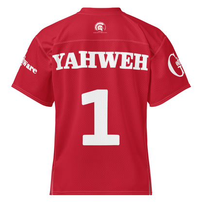 Back view of Yahweh Christian football jersey in red with white lettering and number 1, showcasing faith-inspired design.
