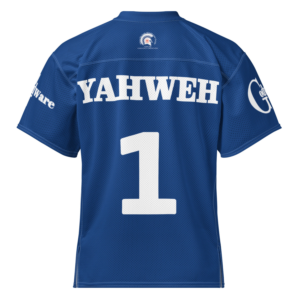 Back view of Yahweh Christian football jersey in royal blue with white lettering and number 1.