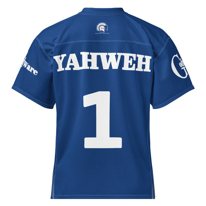 Back view of Yahweh Christian football jersey in royal blue with white lettering and number 1.