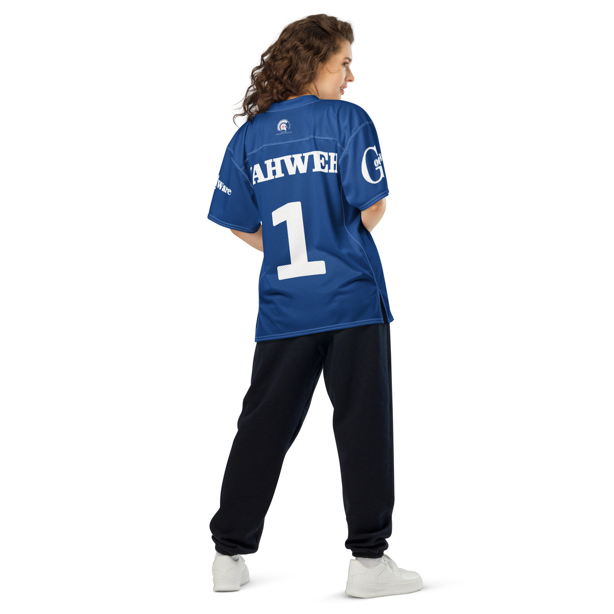 Christian Yahweh football jersey in royal blue with white lettering and number 1, perfect for bold faith-inspired style.