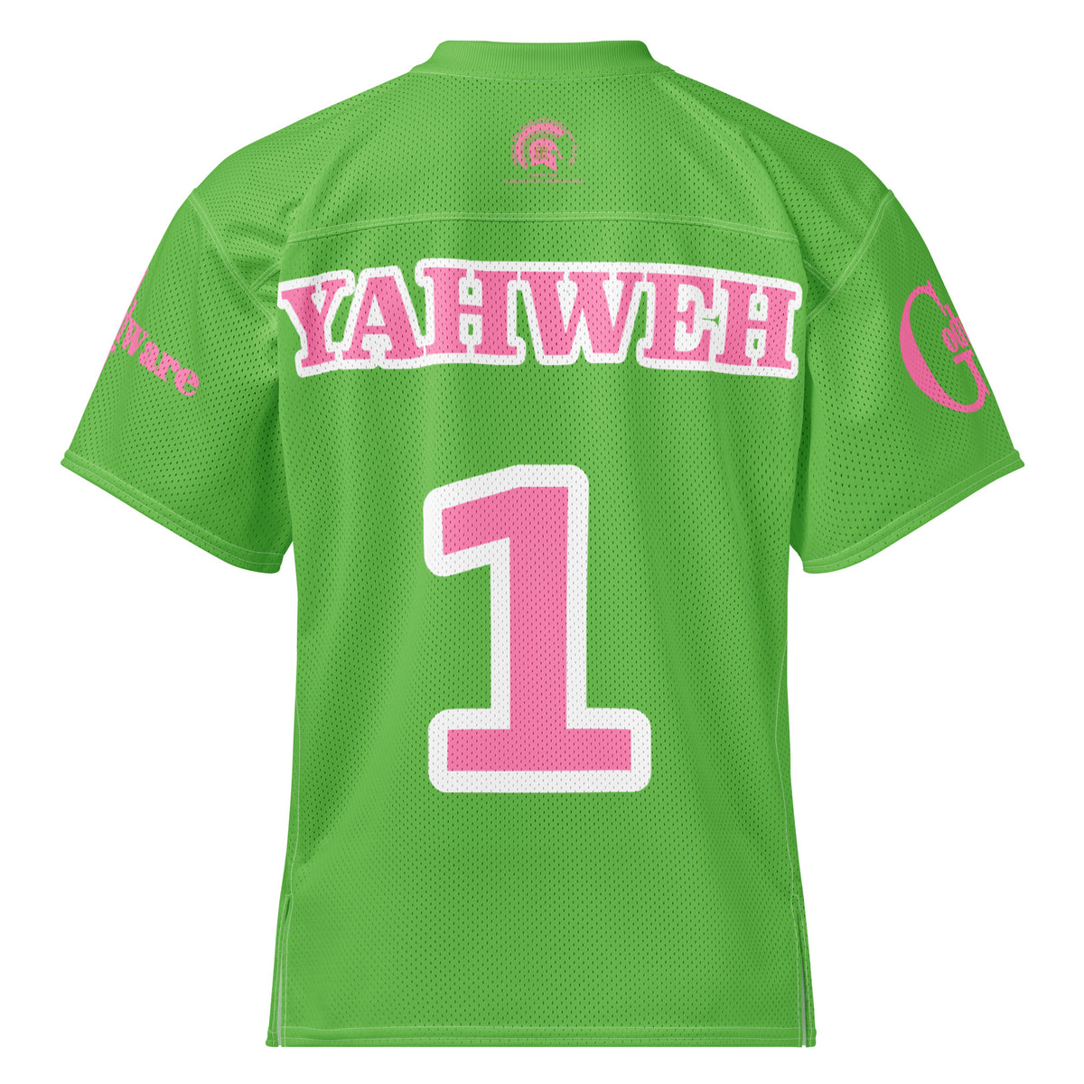 Yahweh Christian football jersey back view in bright green with pink lettering and number 1, perfect for showcasing faith.