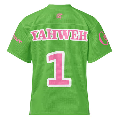 Yahweh Christian football jersey back view in bright green with pink lettering and number 1, perfect for showcasing faith.