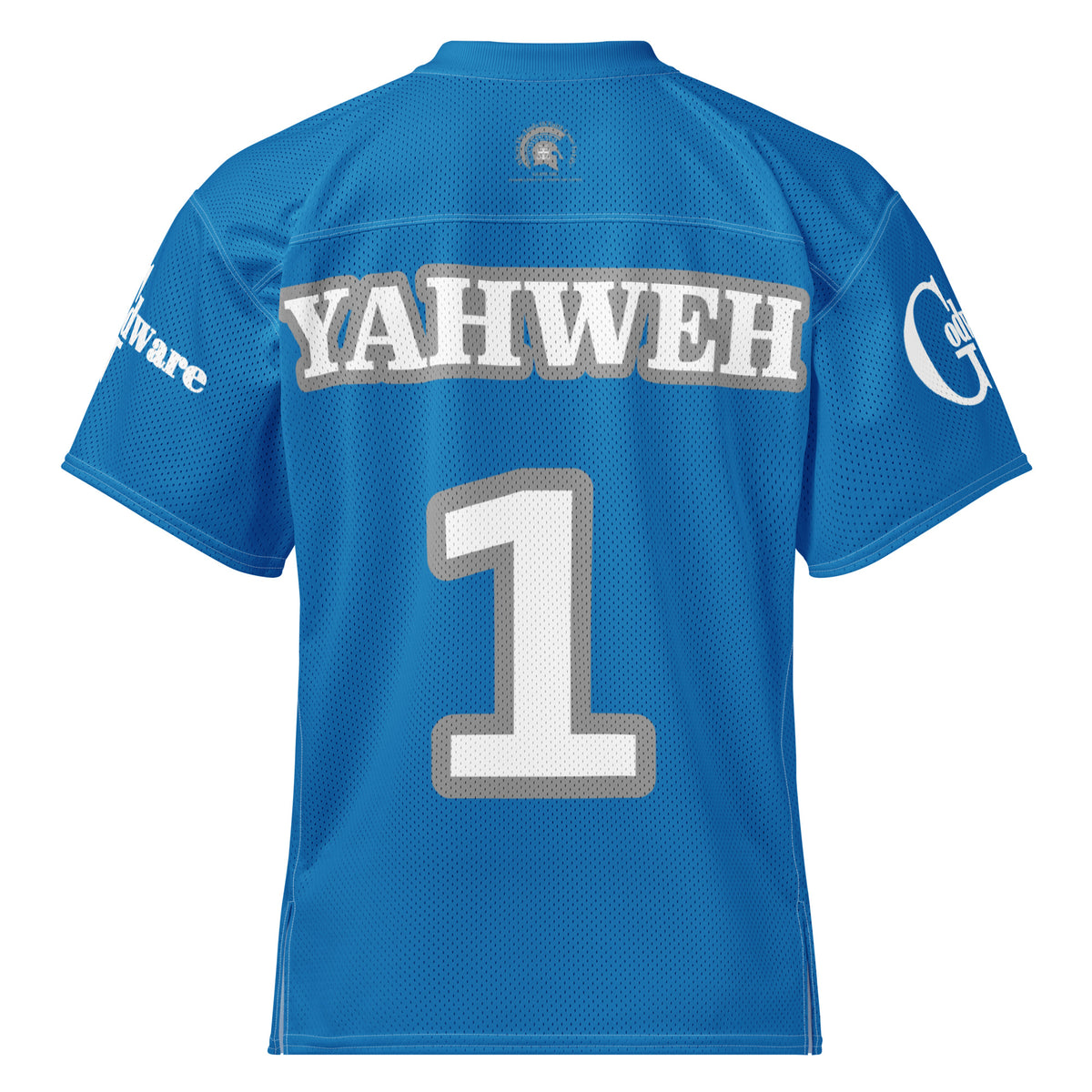 Back view of Yahweh Christian football jersey in medium blue with white lettering and number 1.