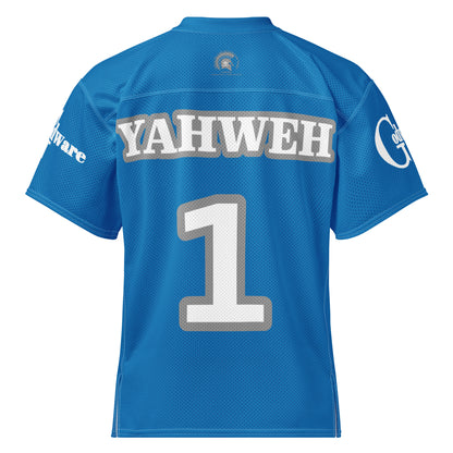 Back view of Yahweh Christian football jersey in medium blue with white lettering and number 1.