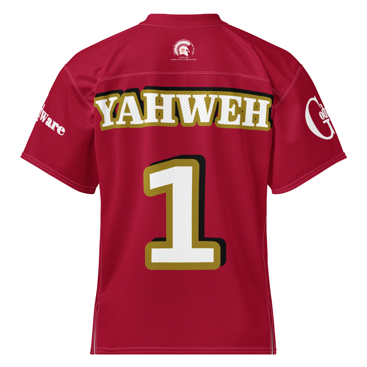Yahweh Christian football jersey in red with white and gold accents, featuring number 1 and GodWare branding on the sleeves.