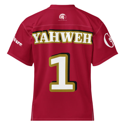 Yahweh Christian football jersey in red with white and gold accents, featuring number 1 and GodWare branding on the sleeves.