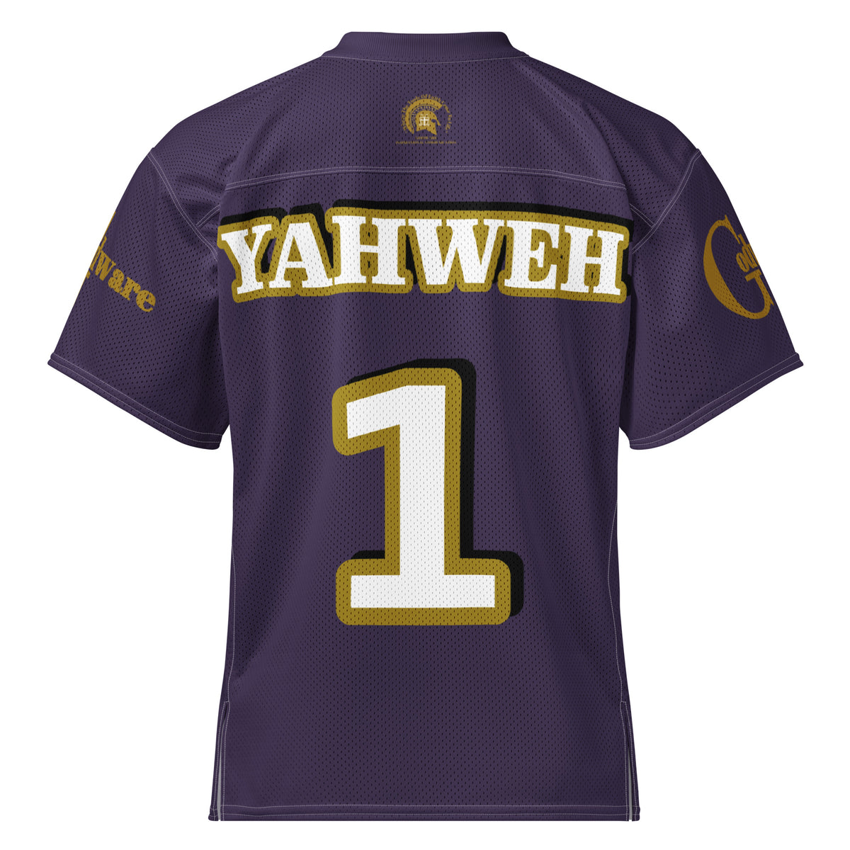 Back view of Yahweh Christian football jersey in purple with white lettering and gold accents for Christian faith.