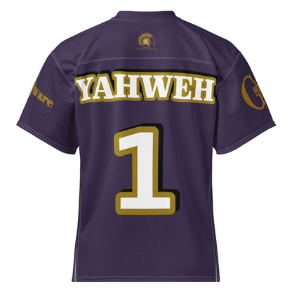 Back view of Yahweh Christian football jersey in purple with white lettering and gold accents for Christian faith.