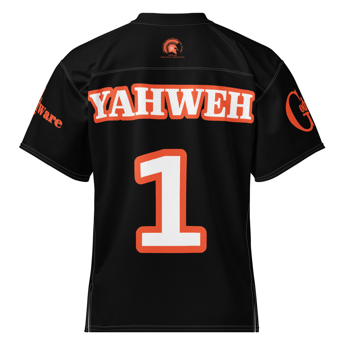 Back view of Yahweh Christian football jersey, featuring bold YAHWEH lettering and number 1 in dark orange on black.