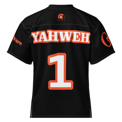 Back view of Yahweh Christian football jersey, featuring bold YAHWEH lettering and number 1 in dark orange on black.