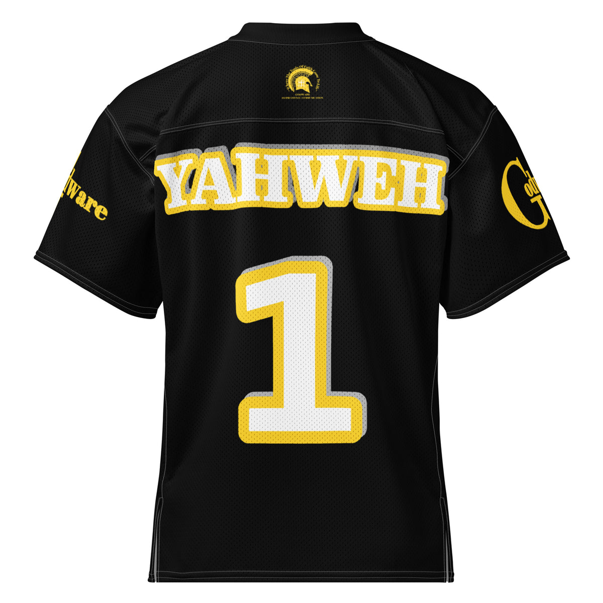 Back view of Yahweh Christian football jersey in black and yellow featuring YAHWEH and number 1.