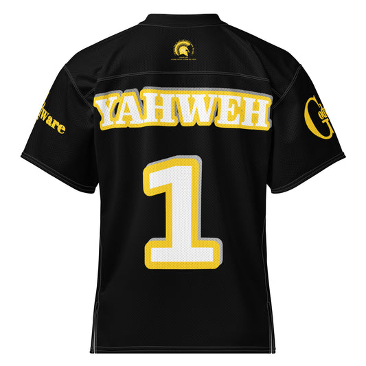 Back view of Yahweh Christian football jersey in black and yellow featuring YAHWEH and number 1.