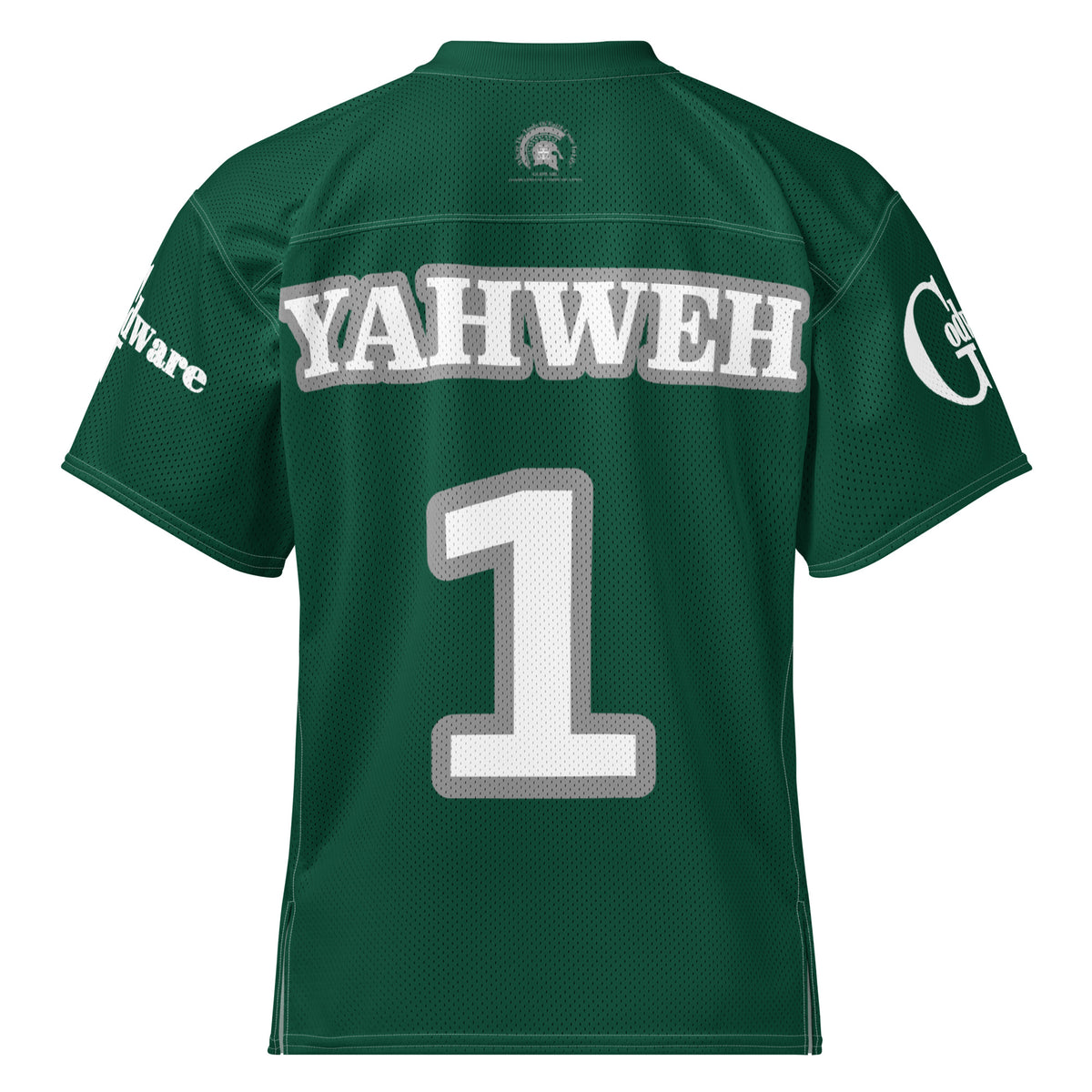 Back view of Yahweh Christian football jersey in green with gray number 1 and YAHWEH lettering, featured by GodWare.