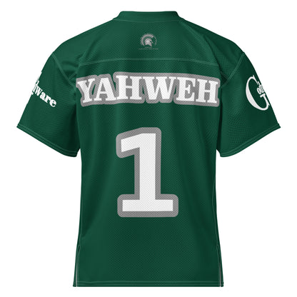 Back view of Yahweh Christian football jersey in green with gray number 1 and YAHWEH lettering, featured by GodWare.