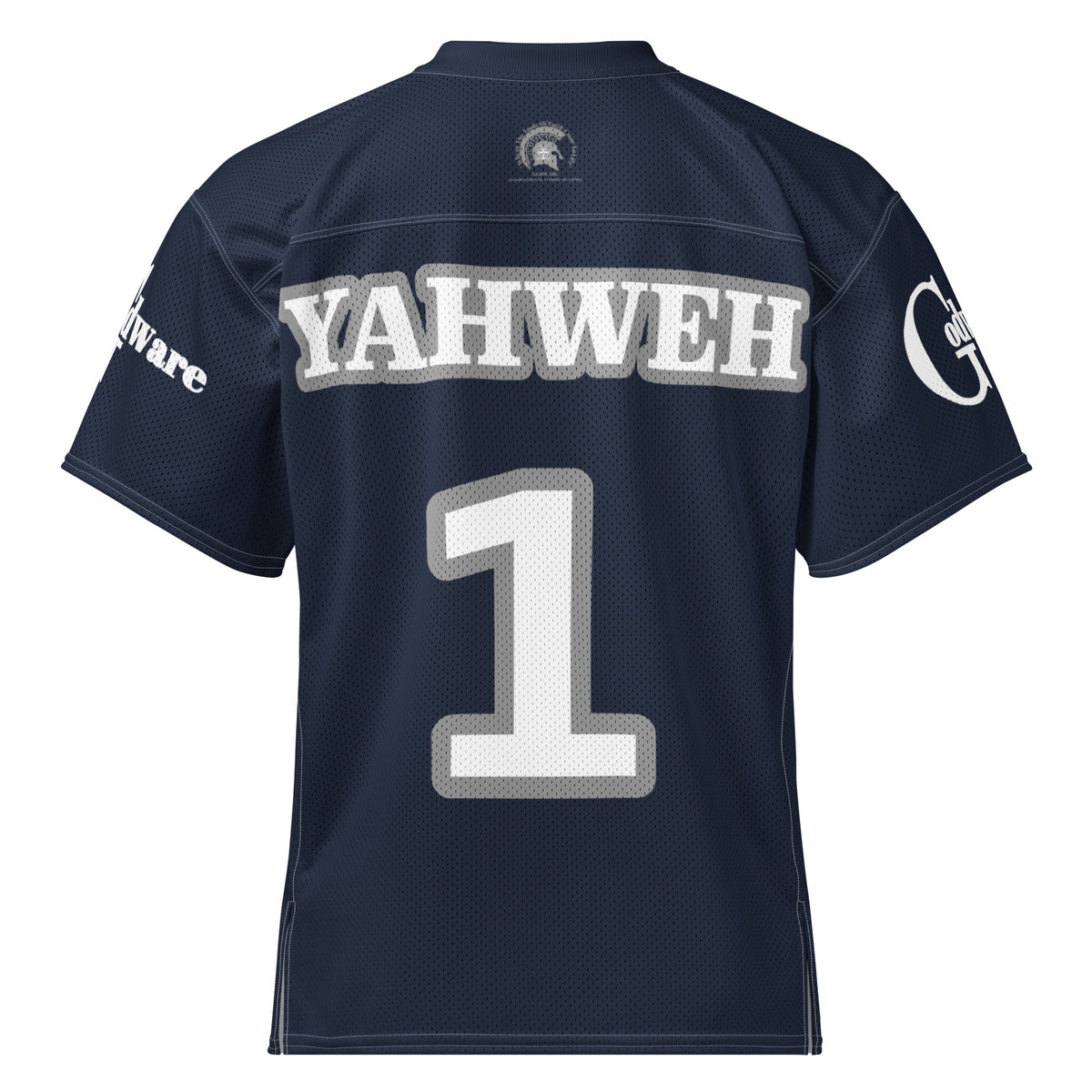 Back of navy blue Christian football jersey with white YAHWEH lettering and number 1 outlined in gray