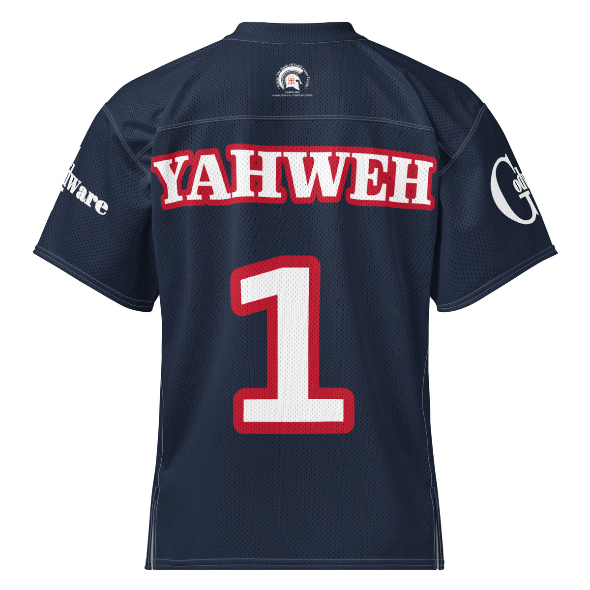 Back of navy blue Christian football jersey with white-and-red YAHWEH lettering and number 1