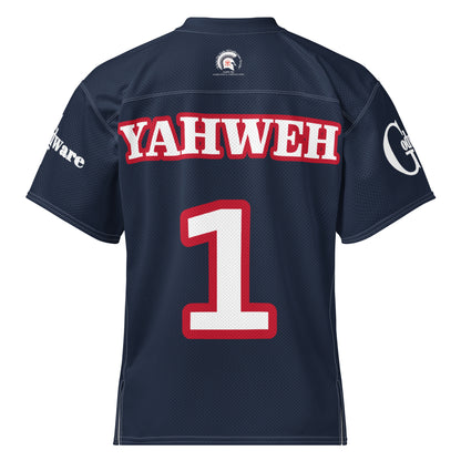 Back of navy blue Christian football jersey with white-and-red YAHWEH lettering and number 1