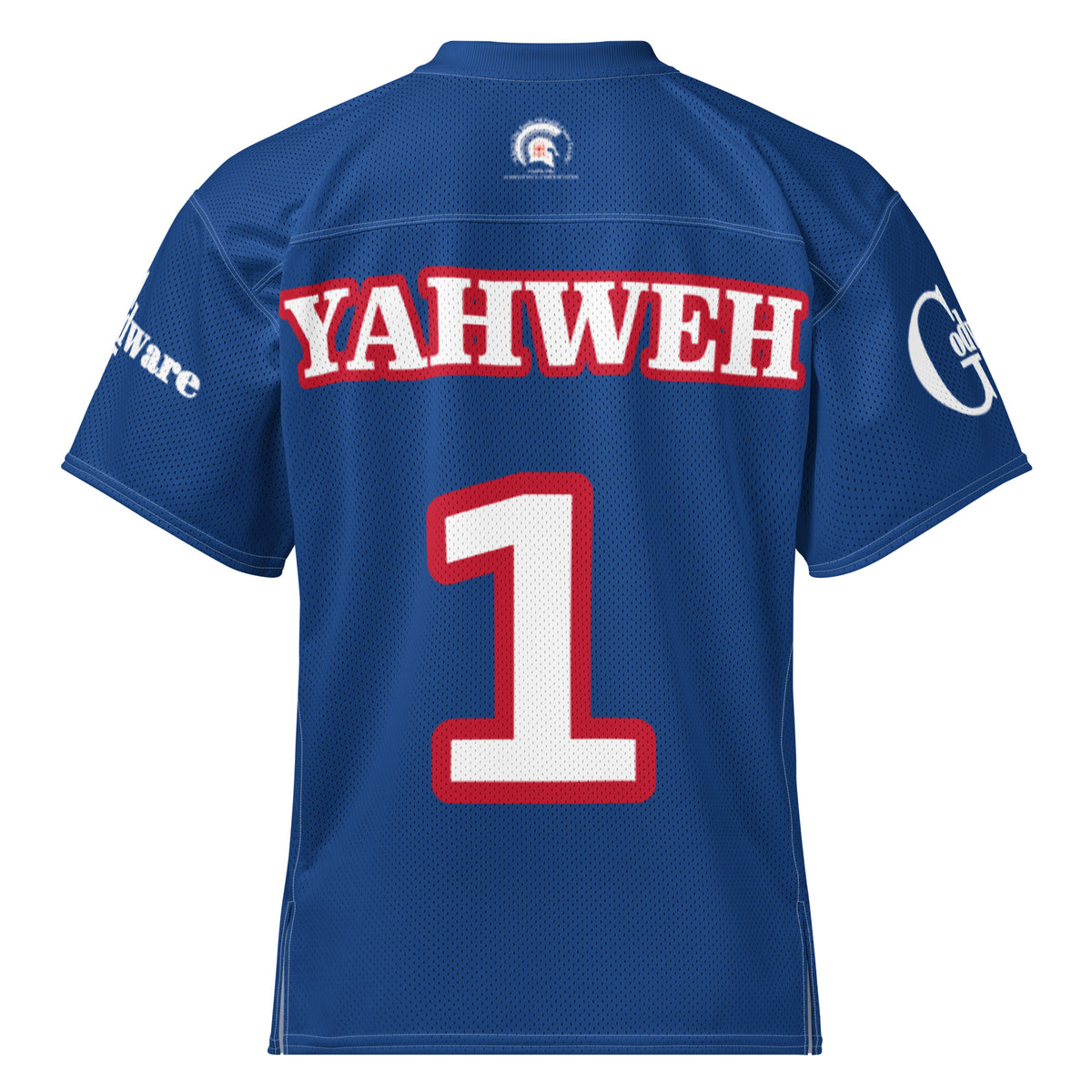 Back of royal blue Christian football jersey with white-and-red YAHWEH lettering and number 1