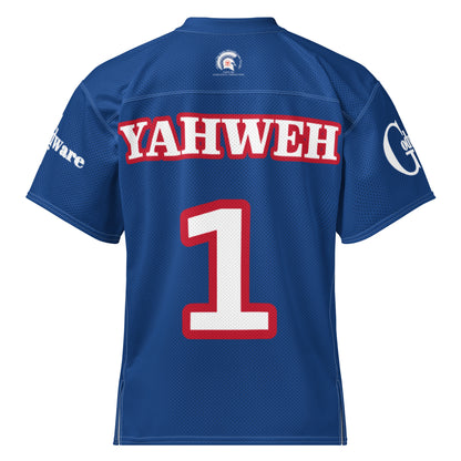 Back of royal blue Christian football jersey with white-and-red YAHWEH lettering and number 1